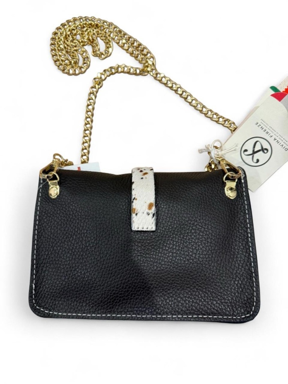 NWT Divina Firenze Black Leather Crossbody Bag w/ Gold Chain and Cowhide Accent - Picture 3 of 8